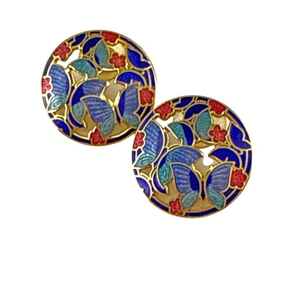 Vintage Enamel Butterfly Earrings Round Gold Tone Blue Pink Floral Post VTG - Picture 1 of 7